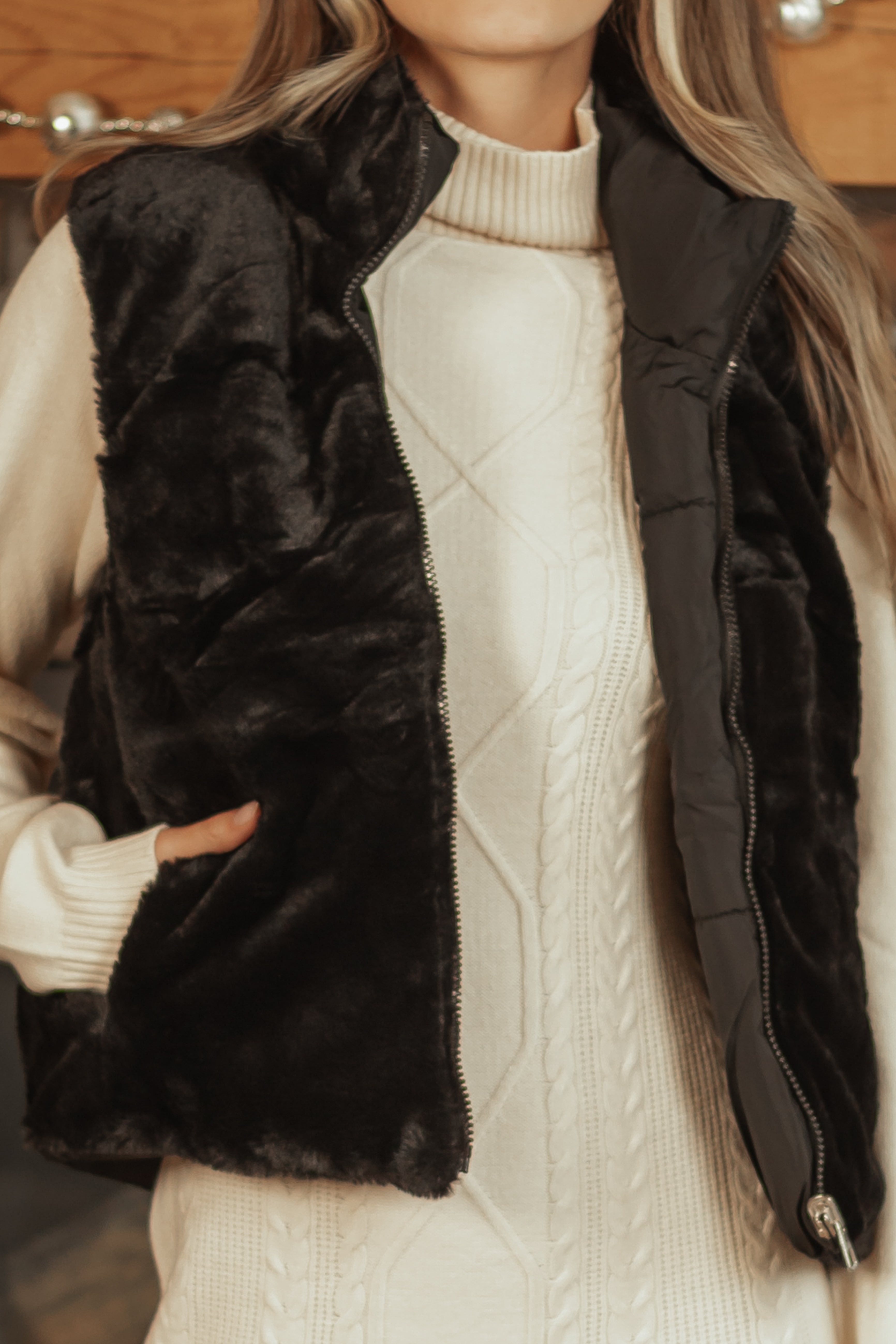 Black Reversible Faux Fur Quilted Zip Up Vest | Lime Lush Boutique