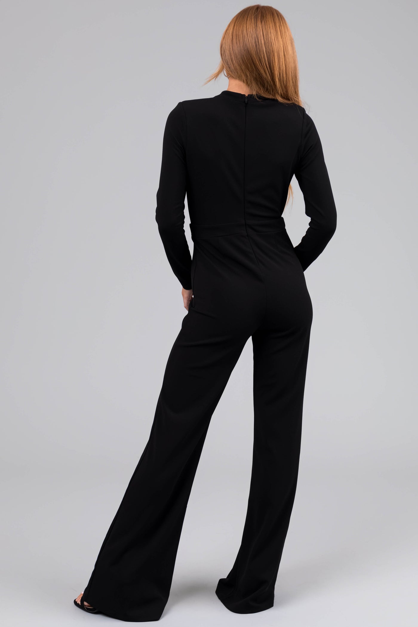 Black Rhinestone Detail Long Sleeve Jumpsuit
