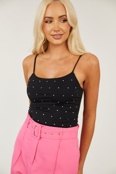 Black Rhinestone Detail Sleeveless Silky Bodysuit