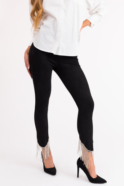 Black Rhinestone Fringe Hem Faux Suede Pants