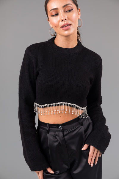 Black Rhinestone Hemline Cropped Sweater