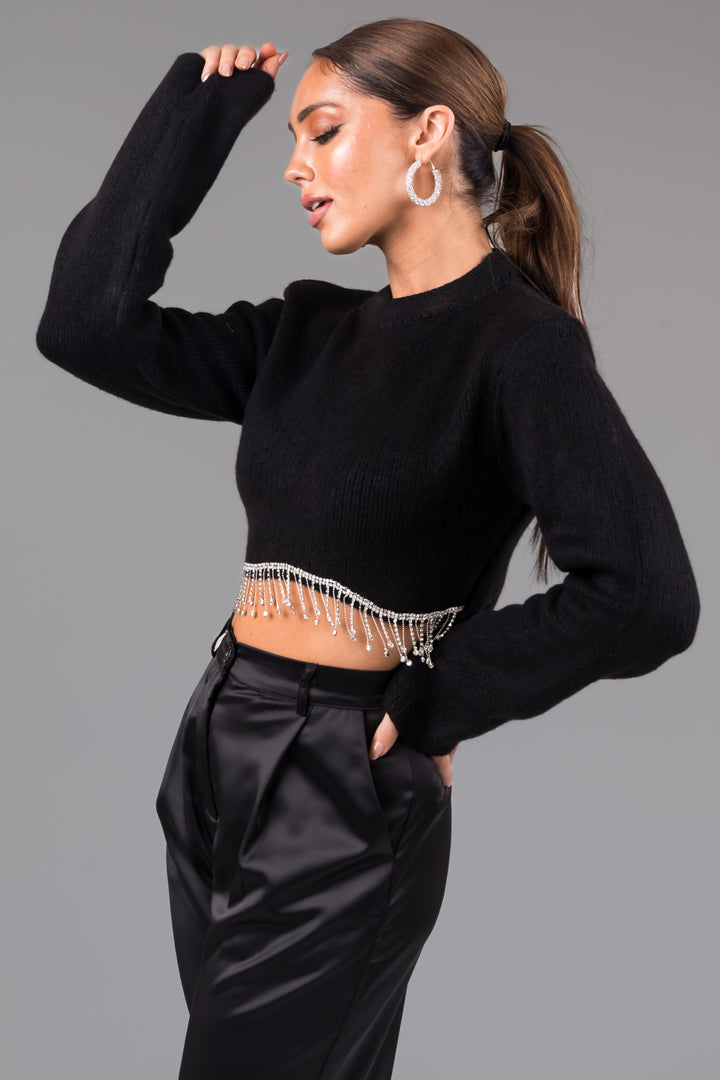 Black Rhinestone Hemline Cropped Sweater