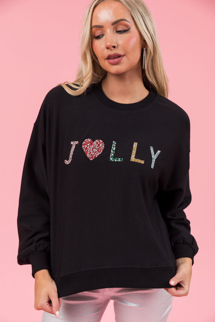 Black Rhinestone "Jolly" Long Sleeve Sweatshirt