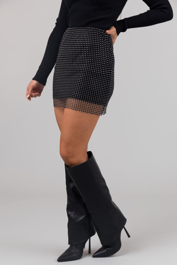Black Rhinestone Mesh Elastic Mini Skirt