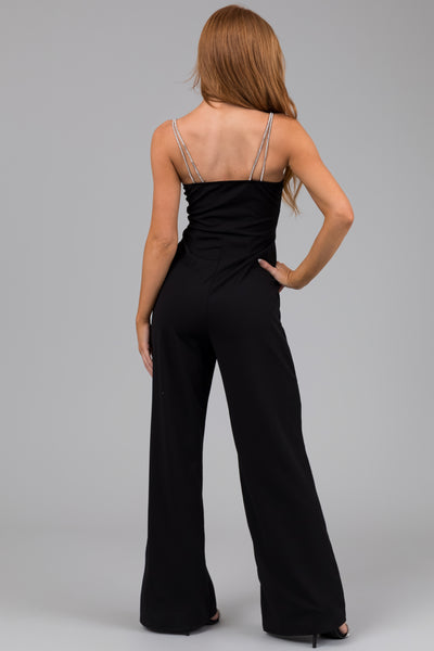 Black Rhinestone Strap Keyhole Waist Jumpsuit