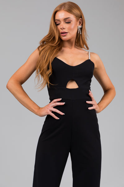 Black Rhinestone Strap Keyhole Waist Jumpsuit