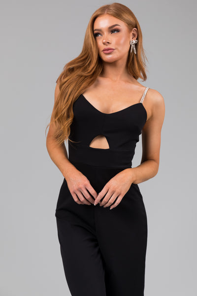 Black Rhinestone Strap Keyhole Waist Jumpsuit