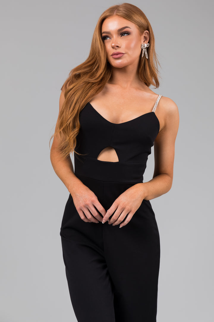 Black Rhinestone Strap Keyhole Waist Jumpsuit