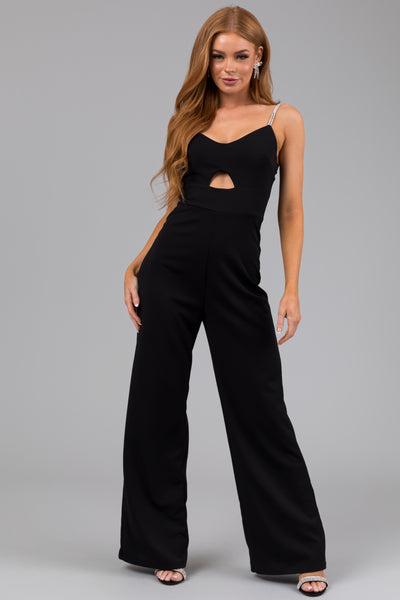 Black Rhinestone Strap Keyhole Waist Jumpsuit
