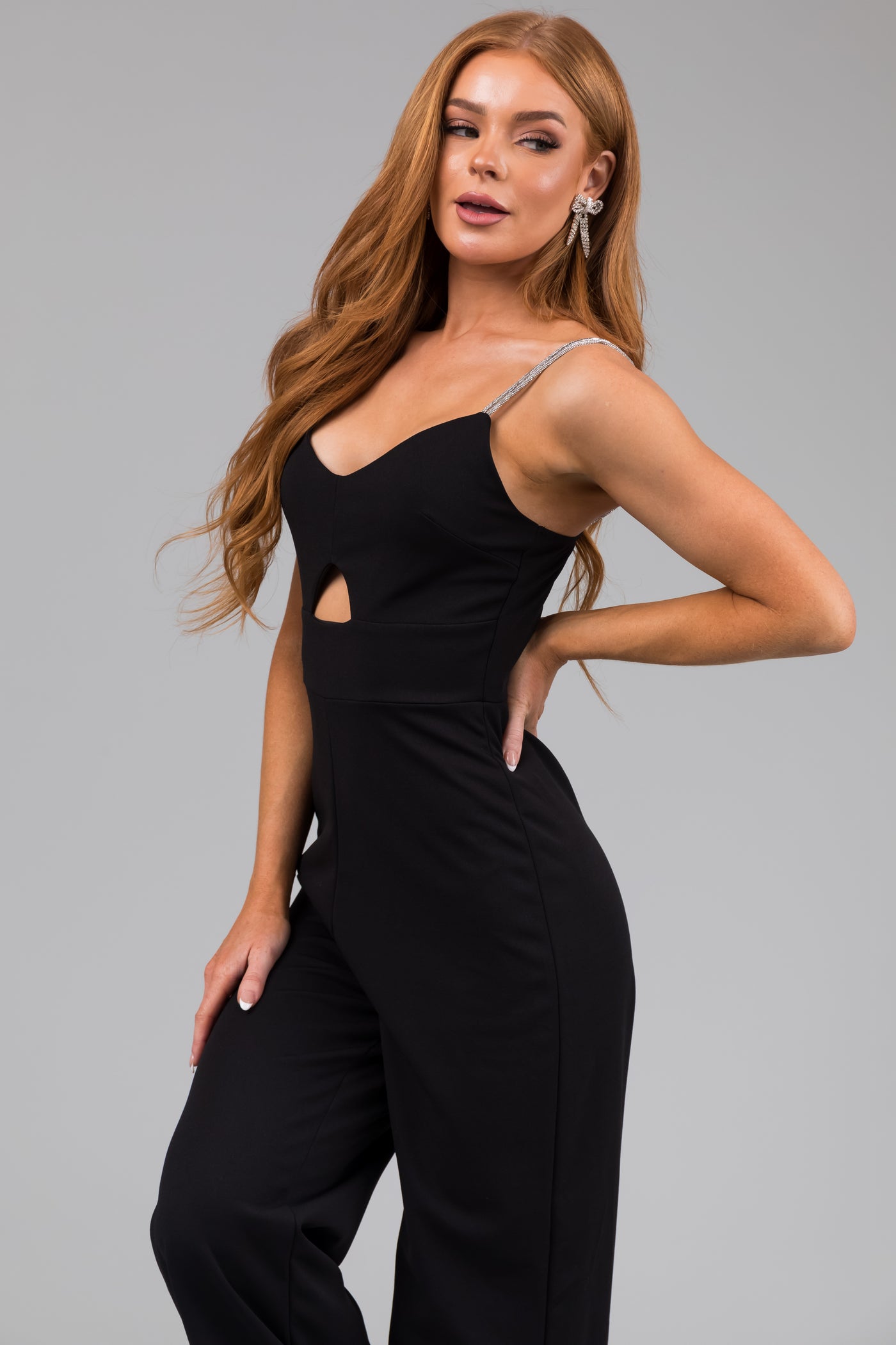 Black Rhinestone Strap Keyhole Waist Jumpsuit Lime Lush