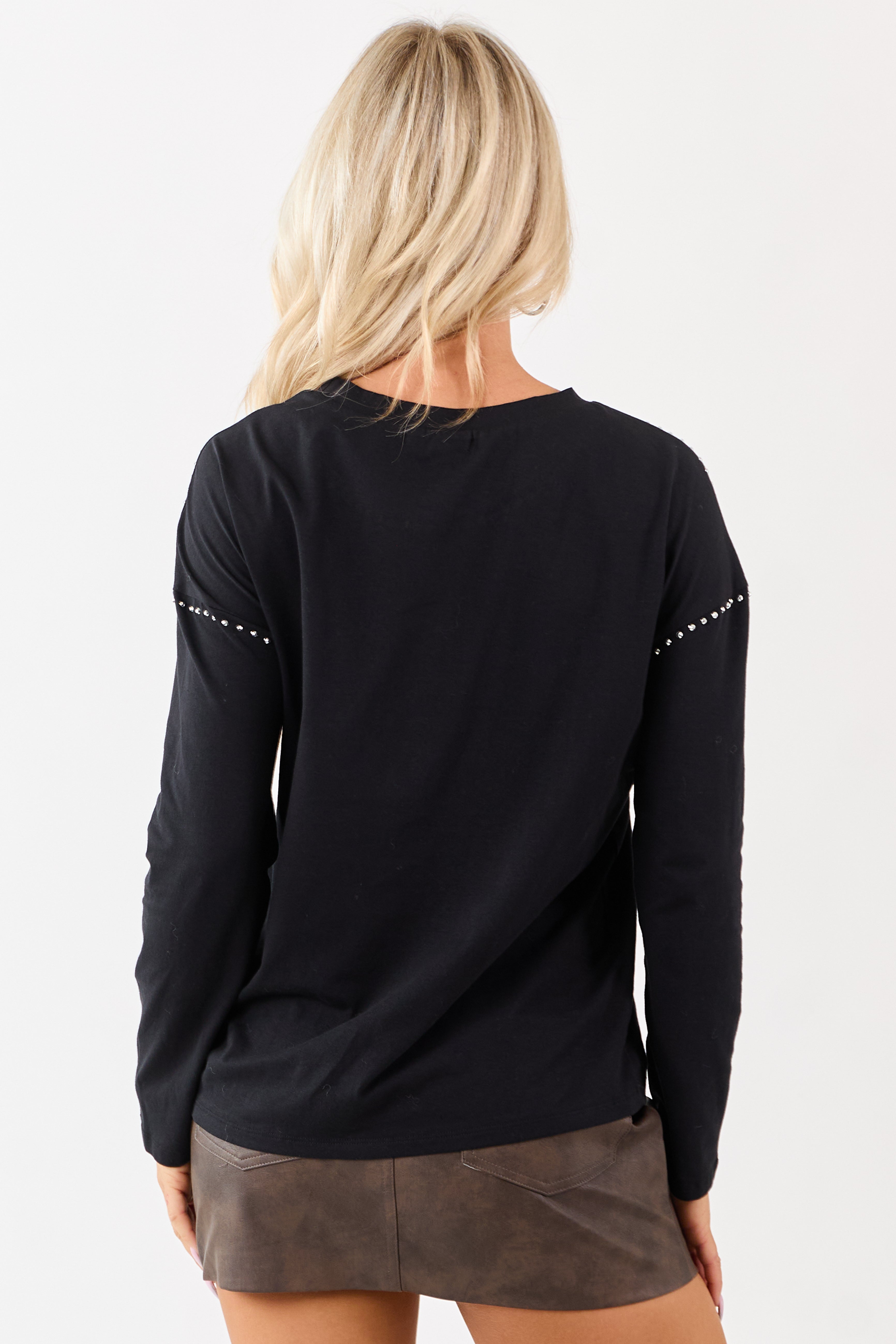 Black Rhinestone Stud Detail Knit Long Sleeve Top