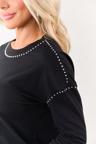Black Rhinestone Stud Detail Knit Long Sleeve Top