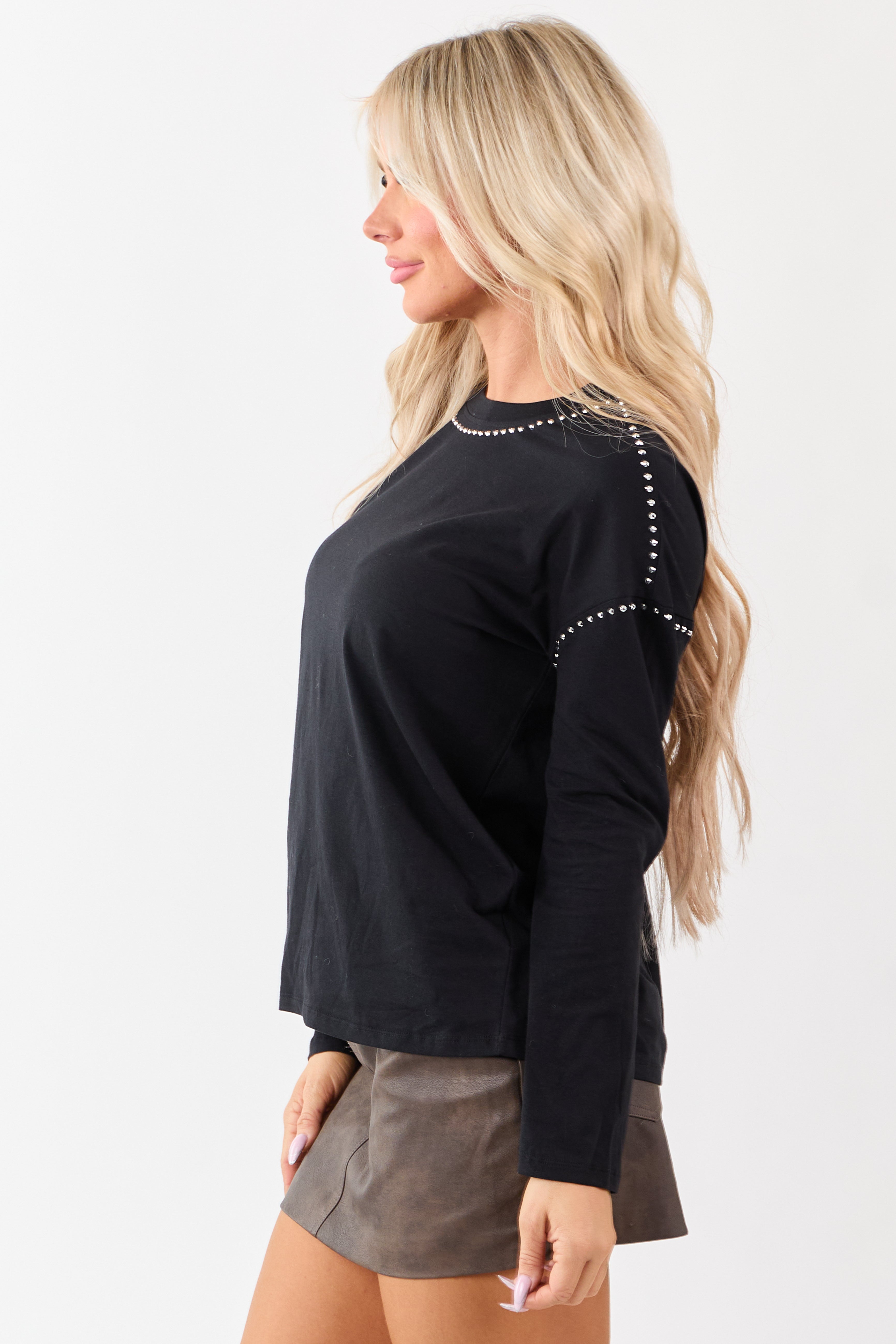 Black Rhinestone Stud Detail Knit Long Sleeve Top
