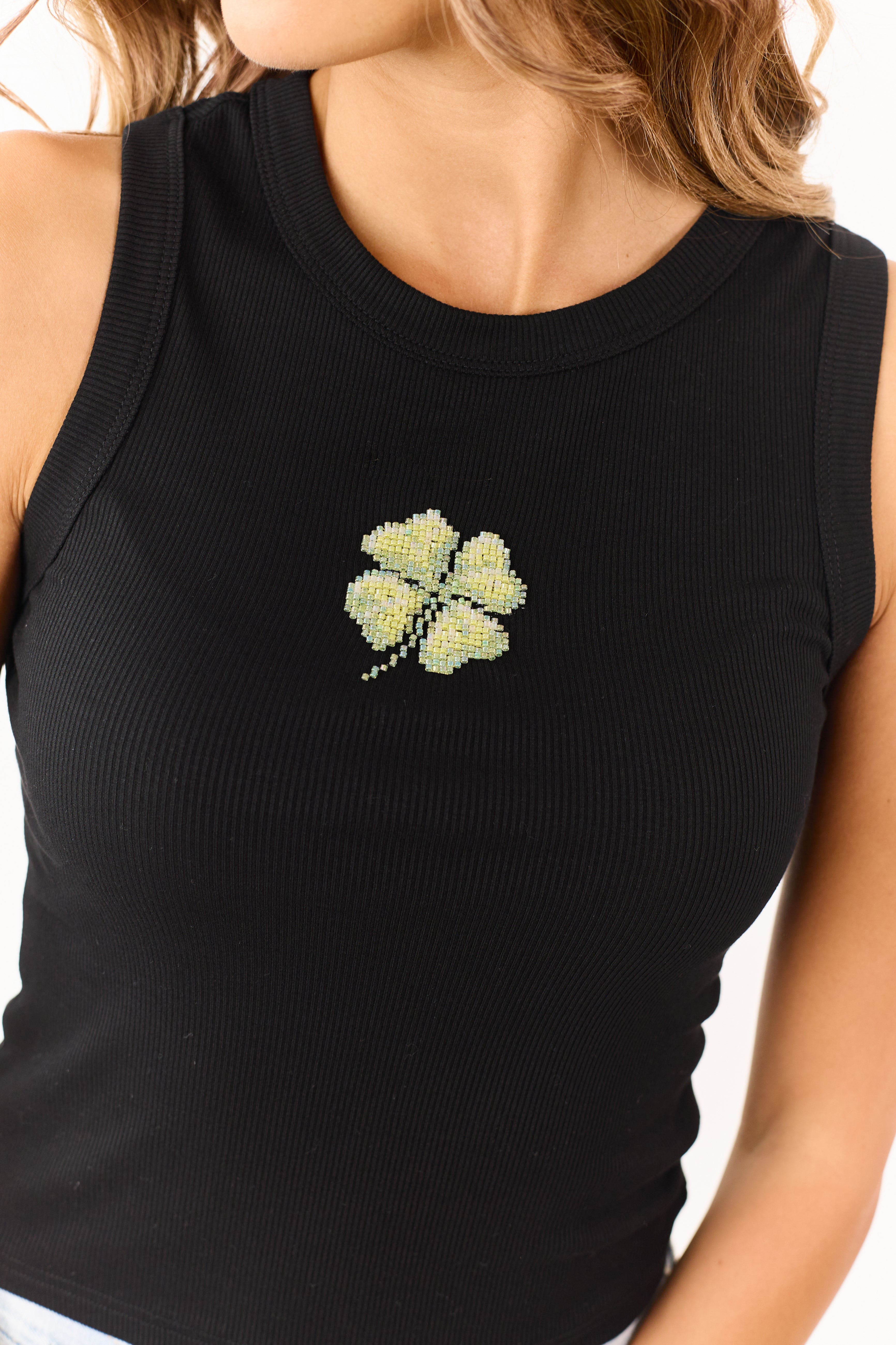 Black Rib Knit Beaded Clover Graphic Tank Top | Lime Lush Boutique