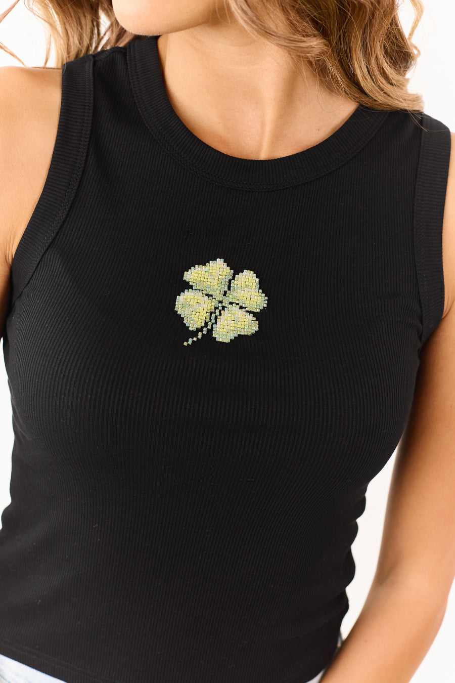 Black Rib Knit Beaded Clover Graphic Tank Top