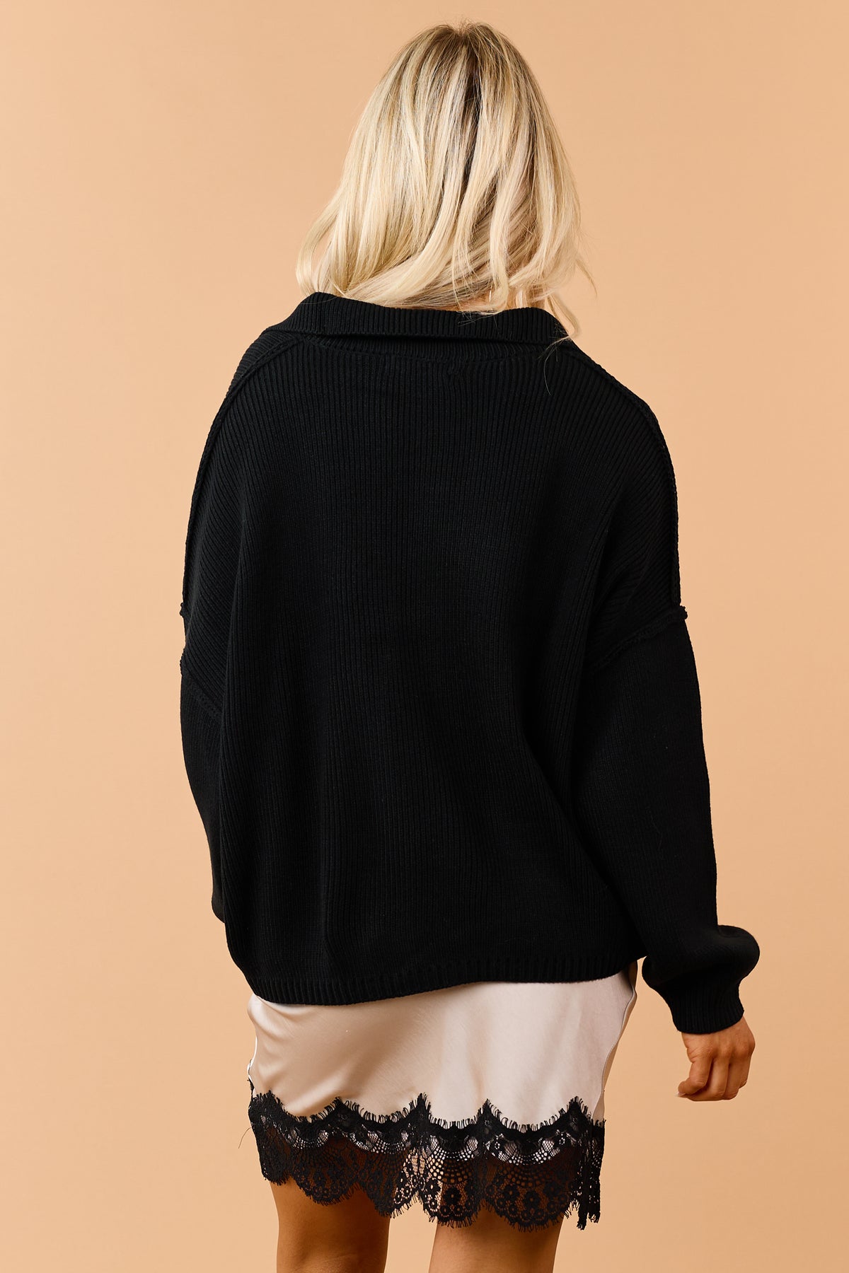 Black Rib Knit Button Down Mock Neck Cardigan