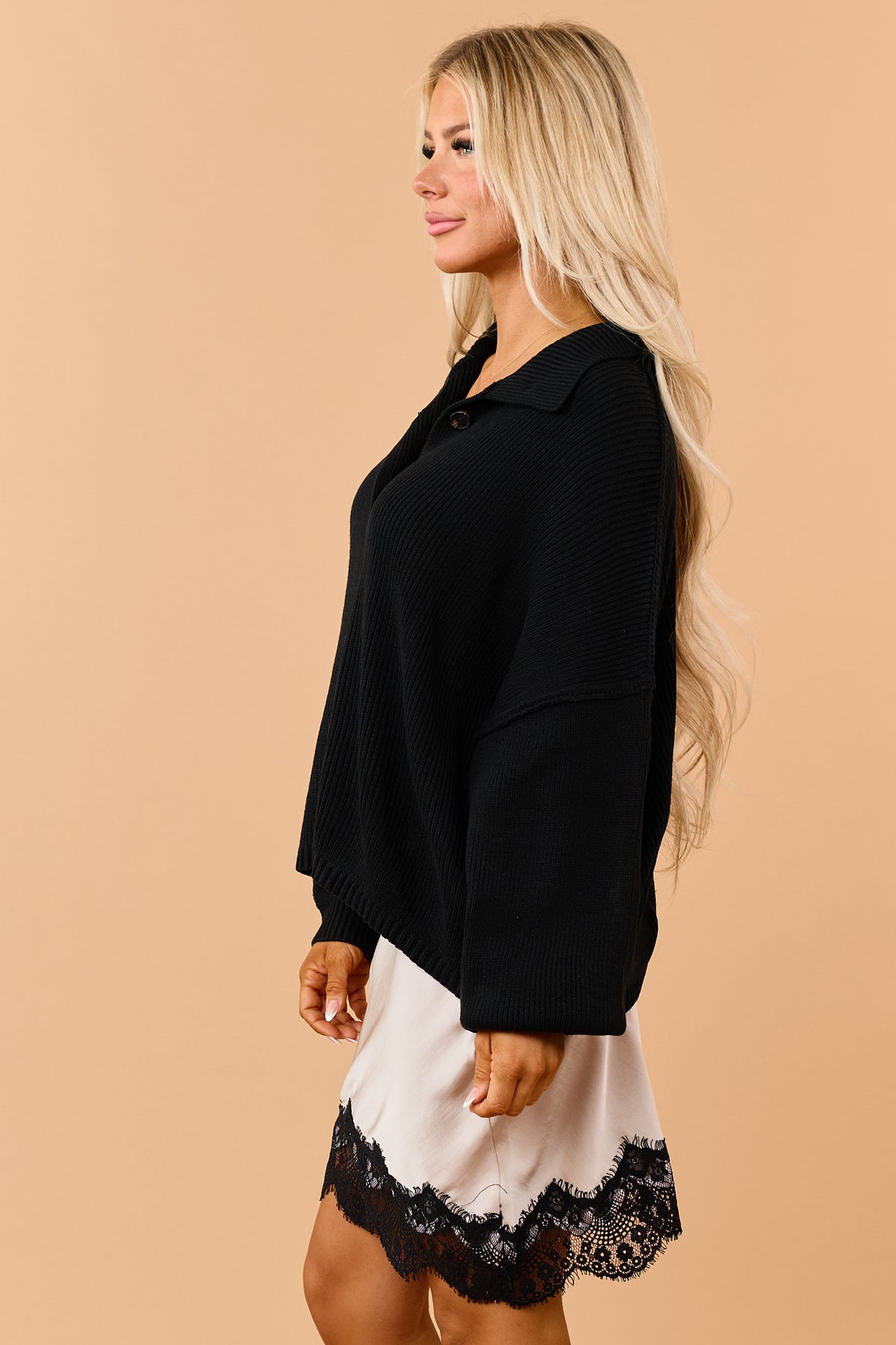 Black Rib Knit Button Down Mock Neck Cardigan