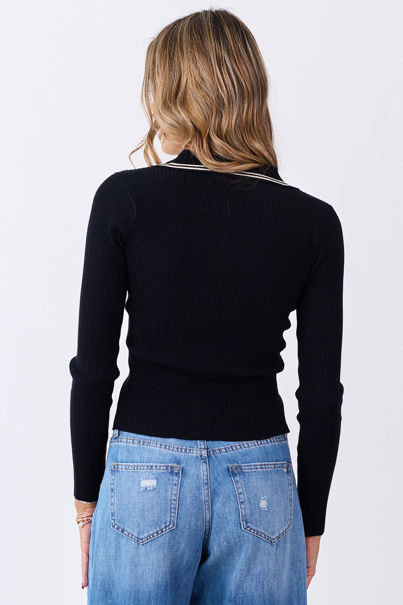 Black Rib Knit Collared Button Down Long Sleeve Top