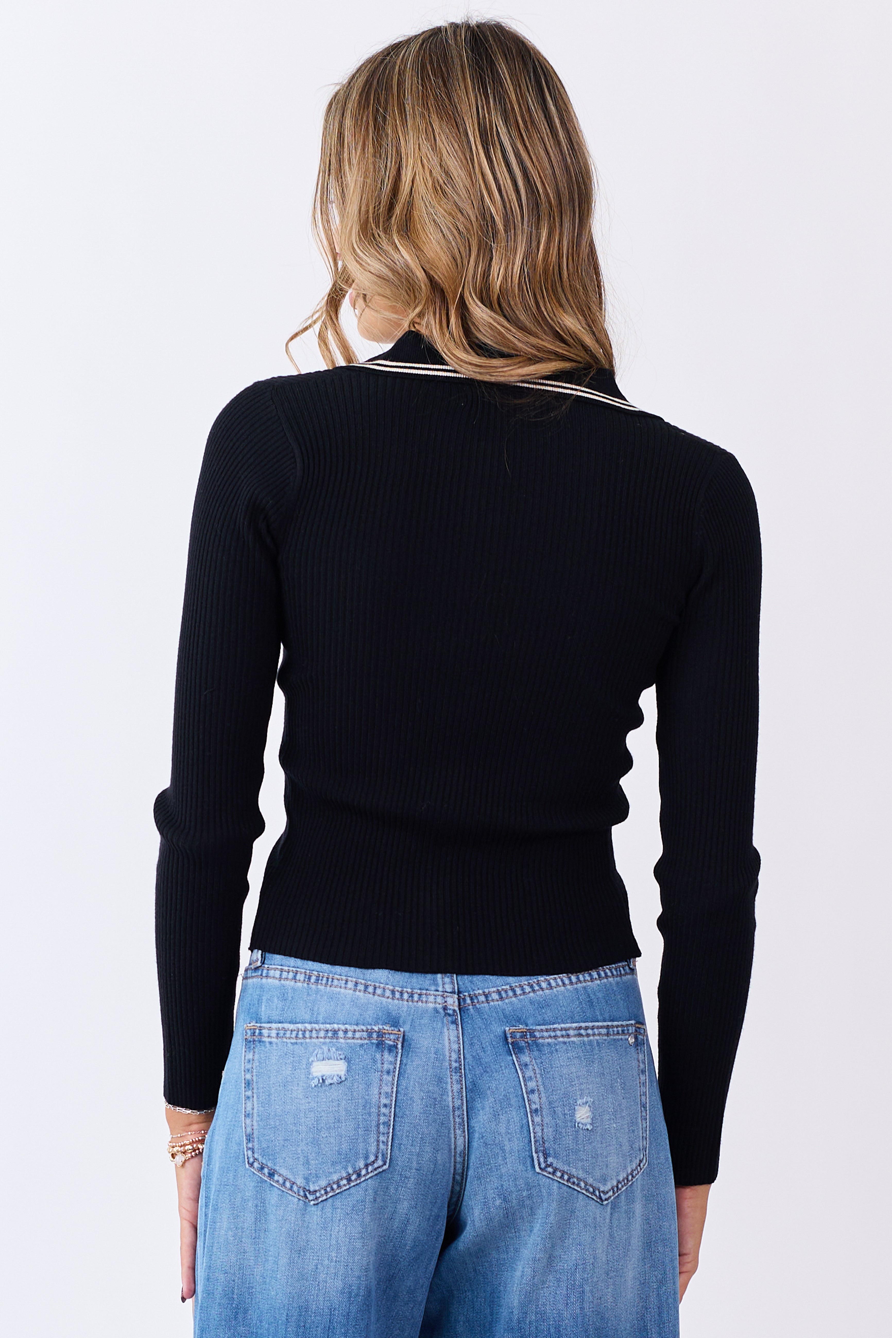 Black Rib Knit Collared Button Down Long Sleeve Top