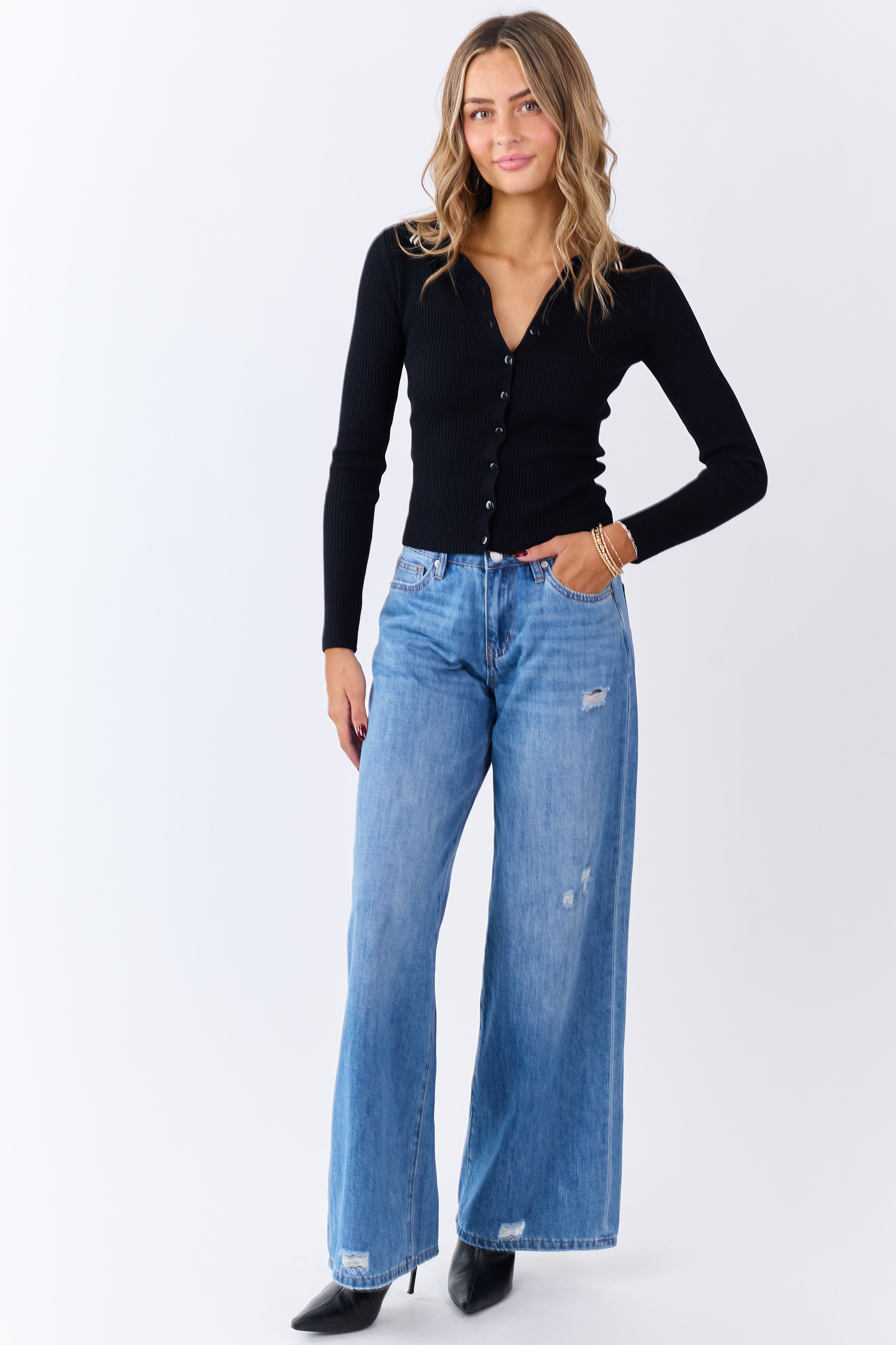 Black Rib Knit Collared Button Down Long Sleeve Top