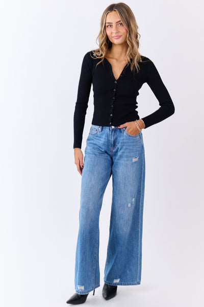 Black Rib Knit Collared Button Down Long Sleeve Top