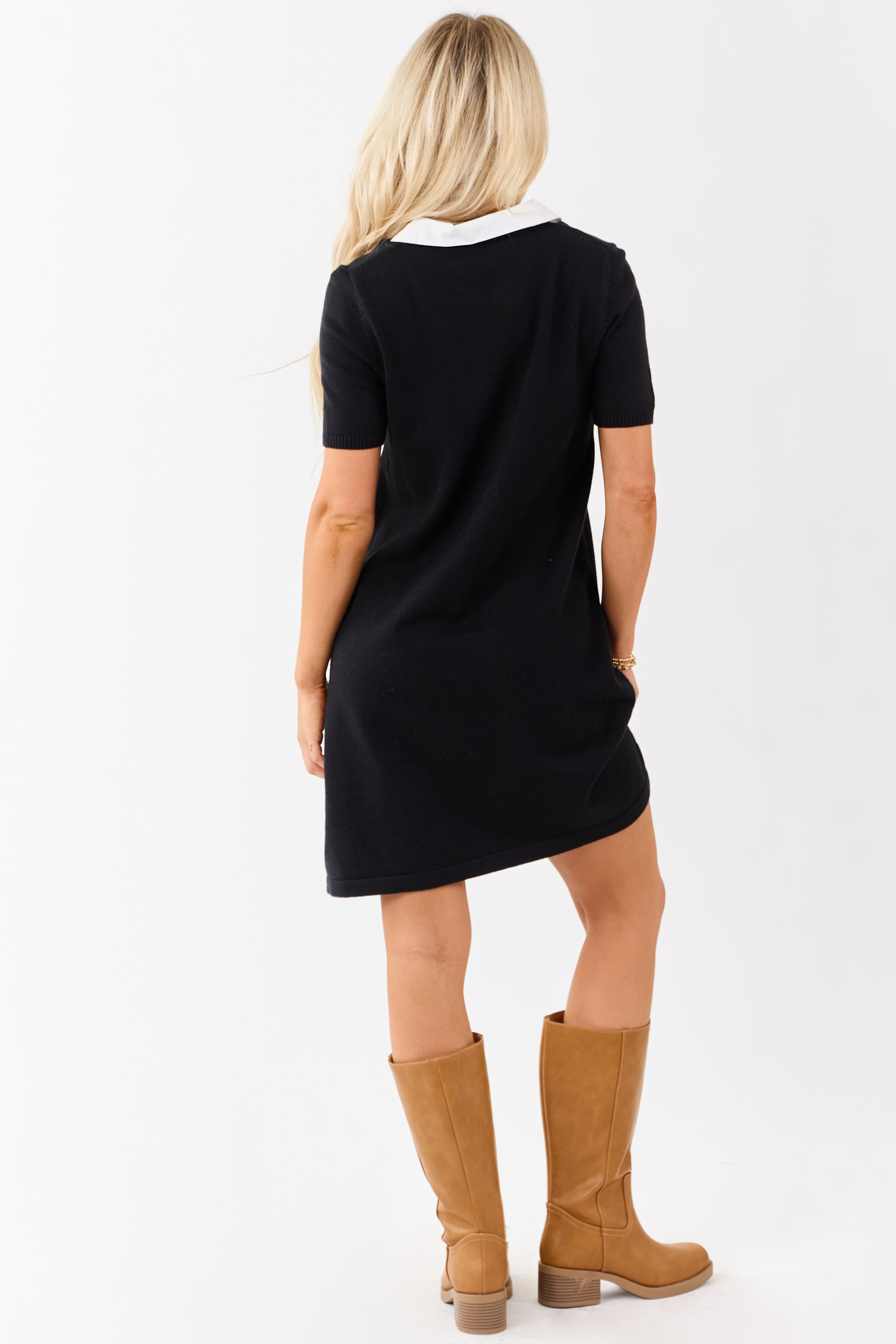 Black Rib Knit Contrast Collar Mini Shift Dress