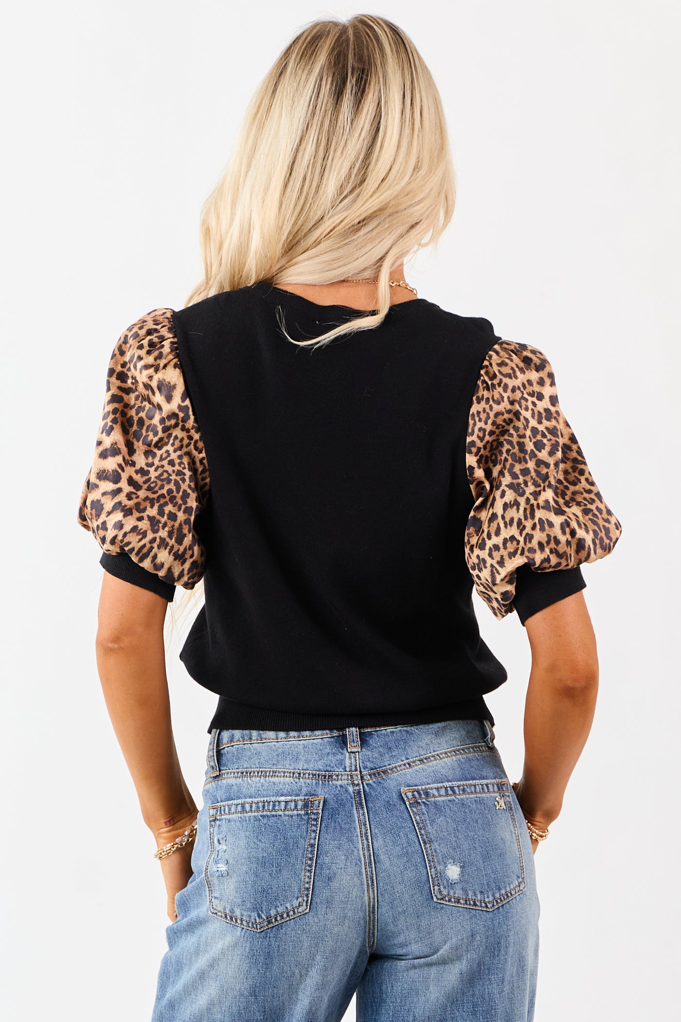 Black Rib Knit Contrast Leopard Puff Sleeve Top