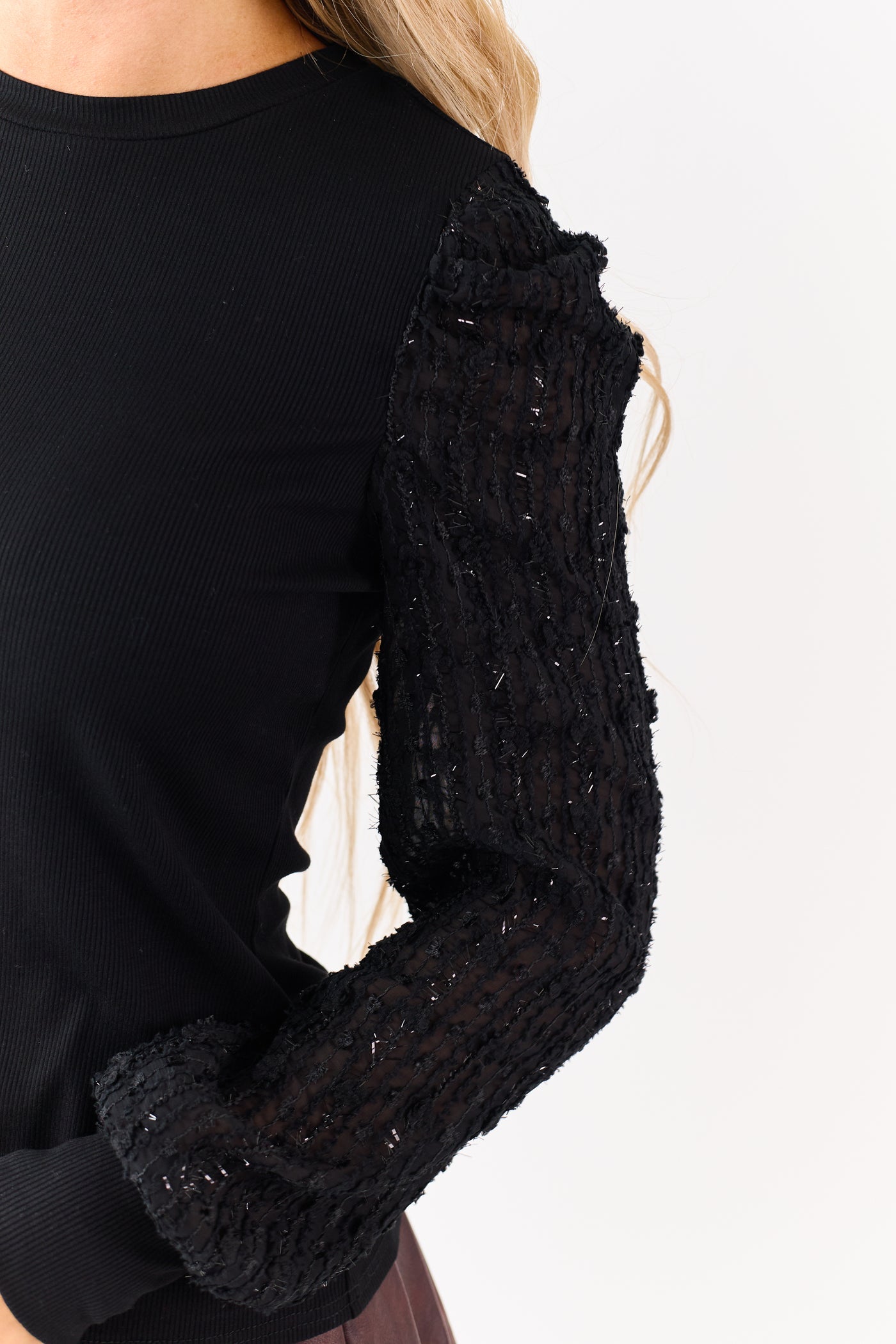 Black Rib Knit Contrast Textured Sheer Sleeve Top