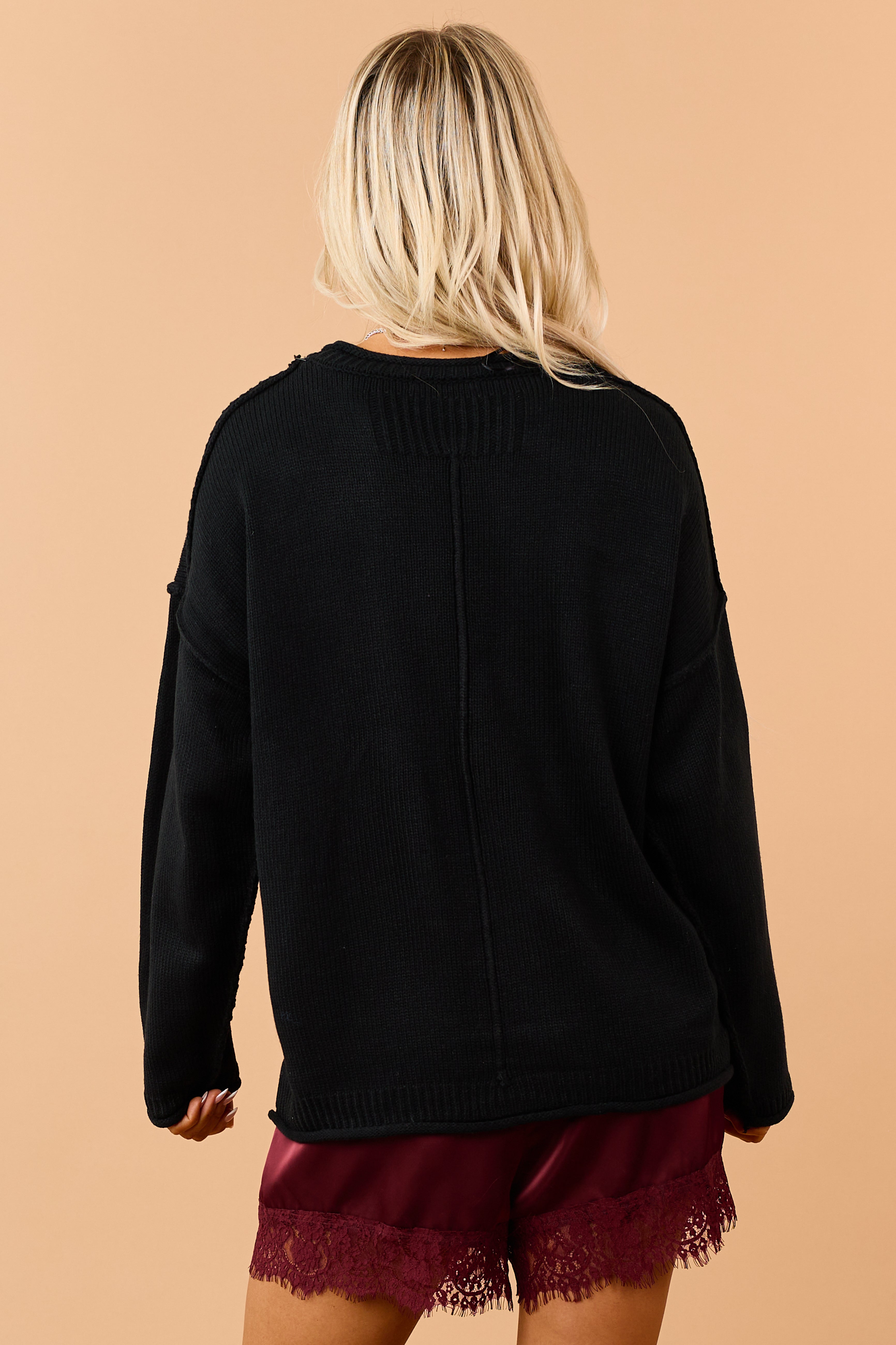 Black Rib Knit Crew Neck Rolled Trim Sweater