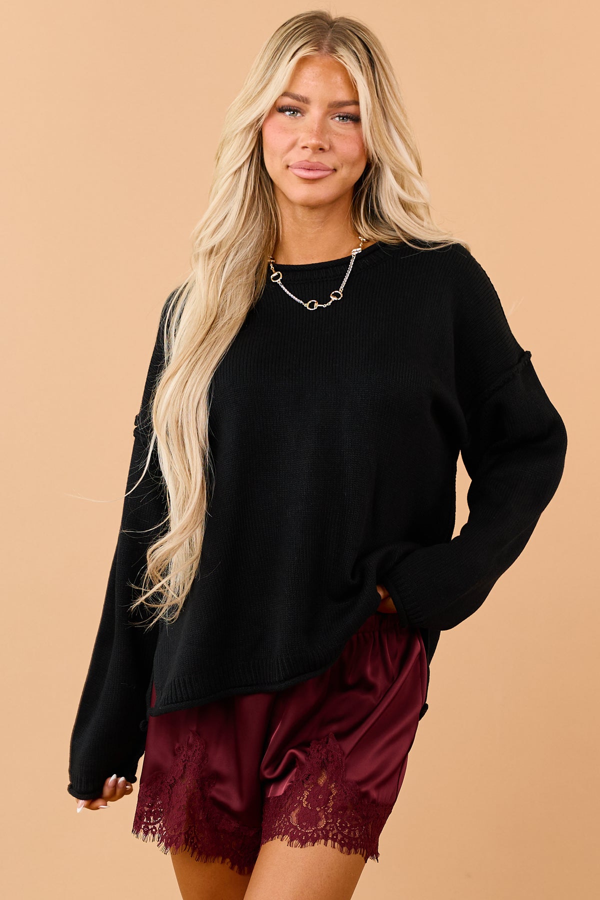 Black Rib Knit Crew Neck Rolled Trim Sweater