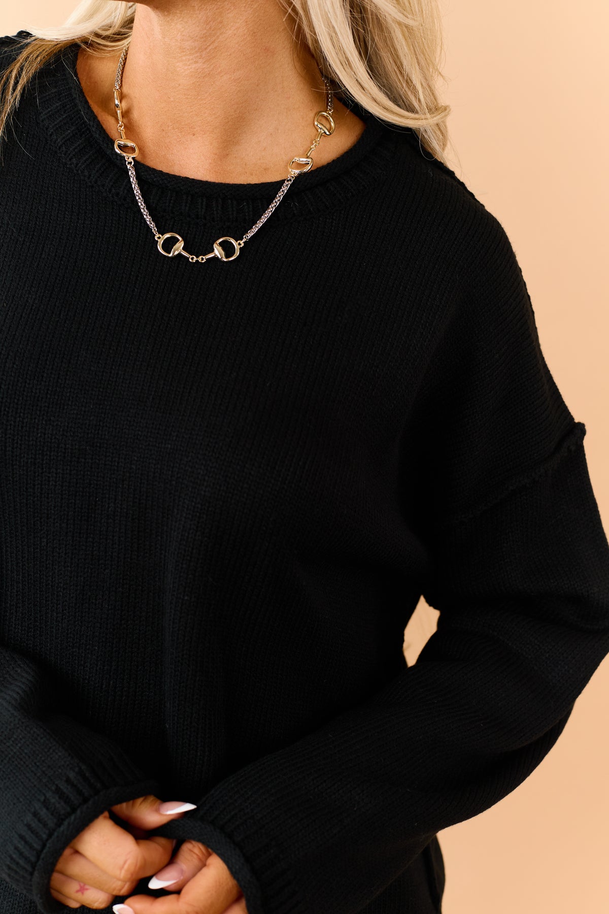 Black Rib Knit Crew Neck Rolled Trim Sweater