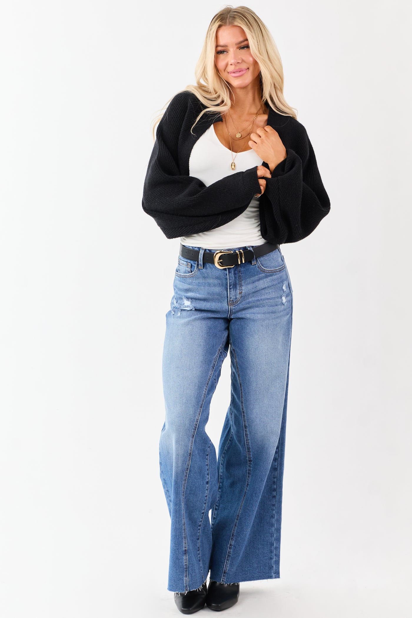Black Rib Knit Dolman Sleeve Bolero Shrug Crop Cardigan