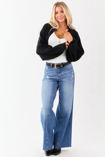 Black Rib Knit Dolman Sleeve Bolero Shrug Crop Cardigan