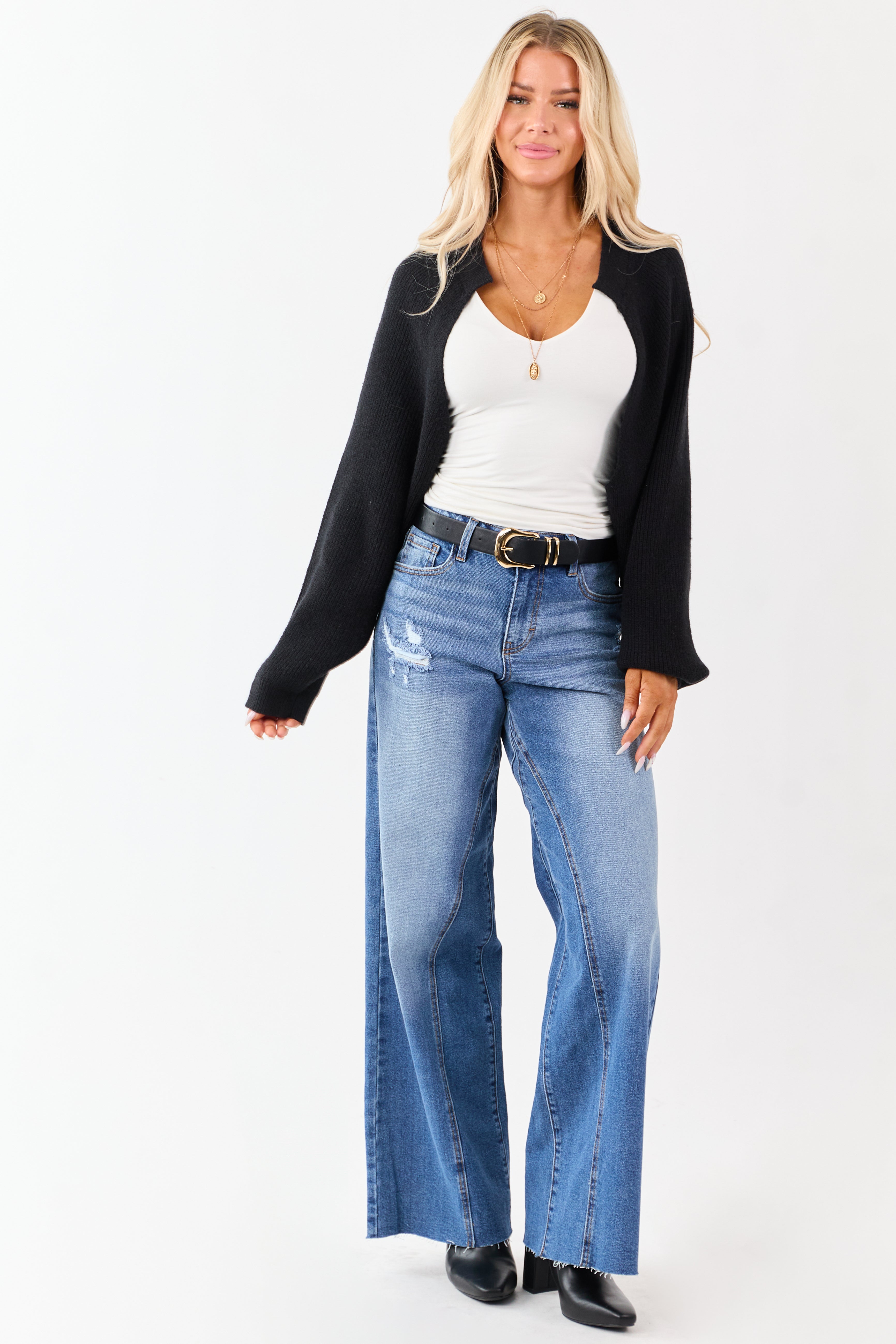 Black Rib Knit Dolman Sleeve Bolero Shrug Crop Cardigan