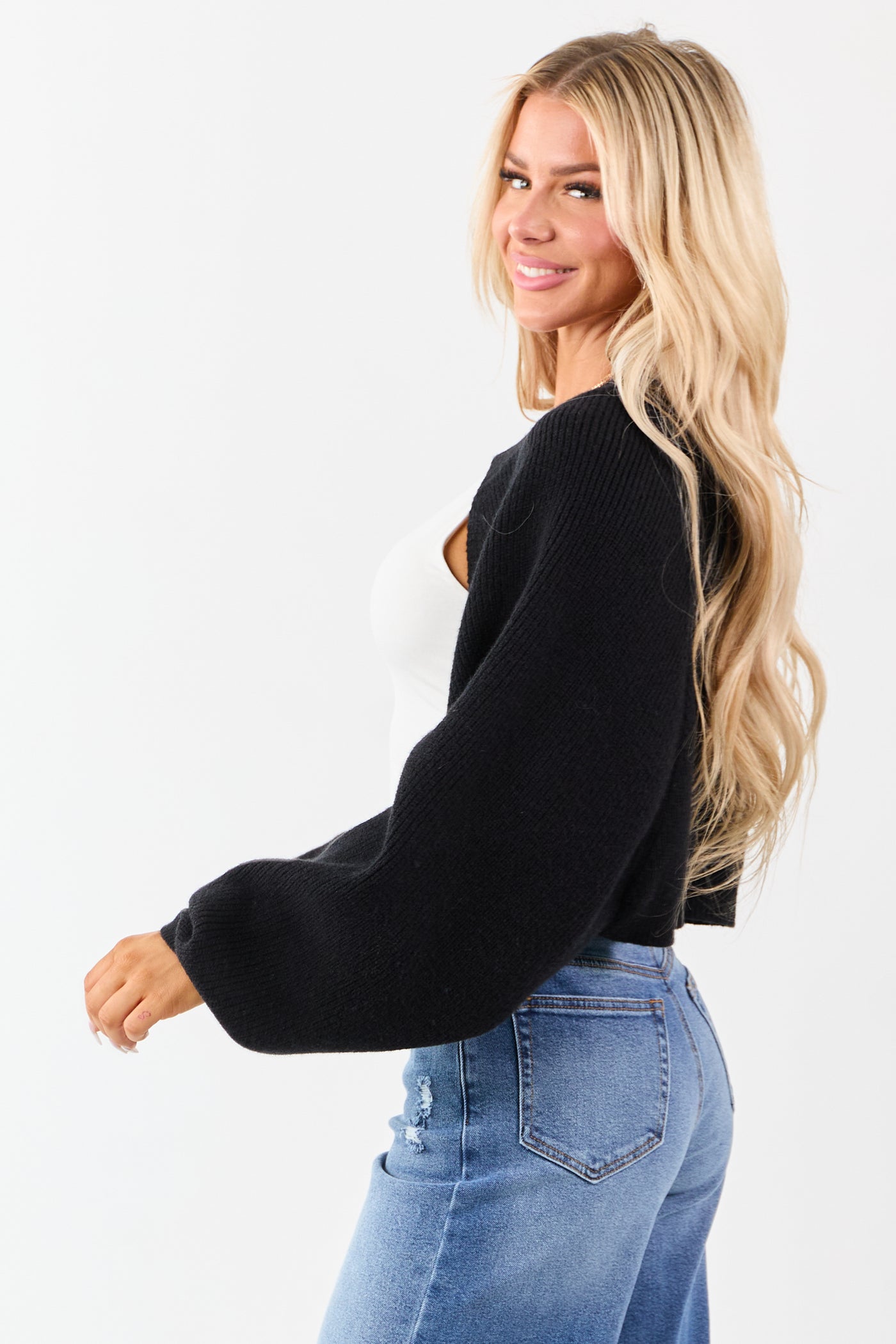Black Rib Knit Dolman Sleeve Bolero Shrug Crop Cardigan