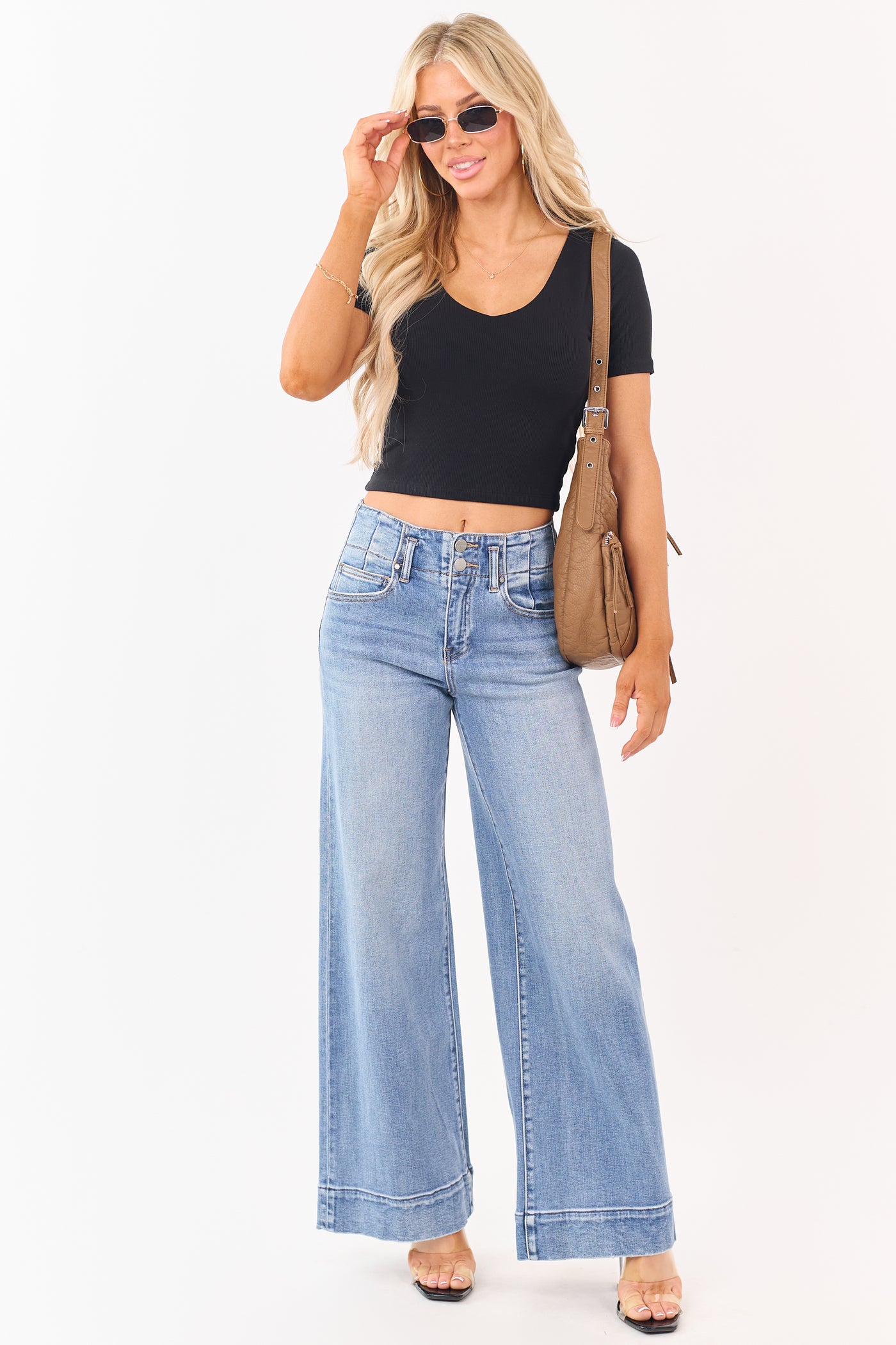 Black Rib Knit Double Layer V-Neck Cropped Top