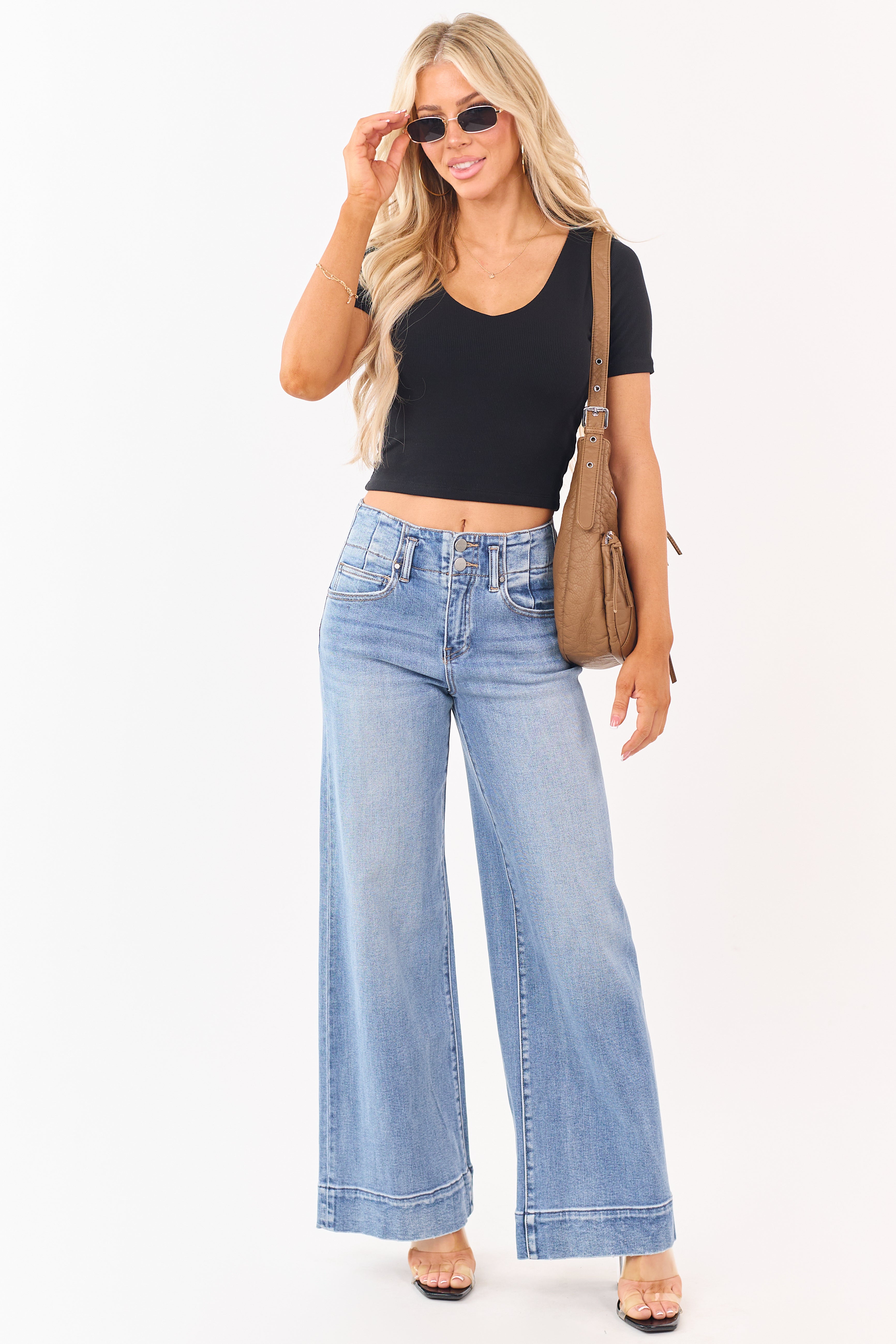 Black Rib Knit Double Layer V-Neck Cropped Top