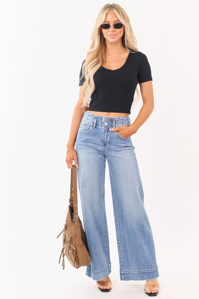 Black Rib Knit Double Layer V-Neck Cropped Top