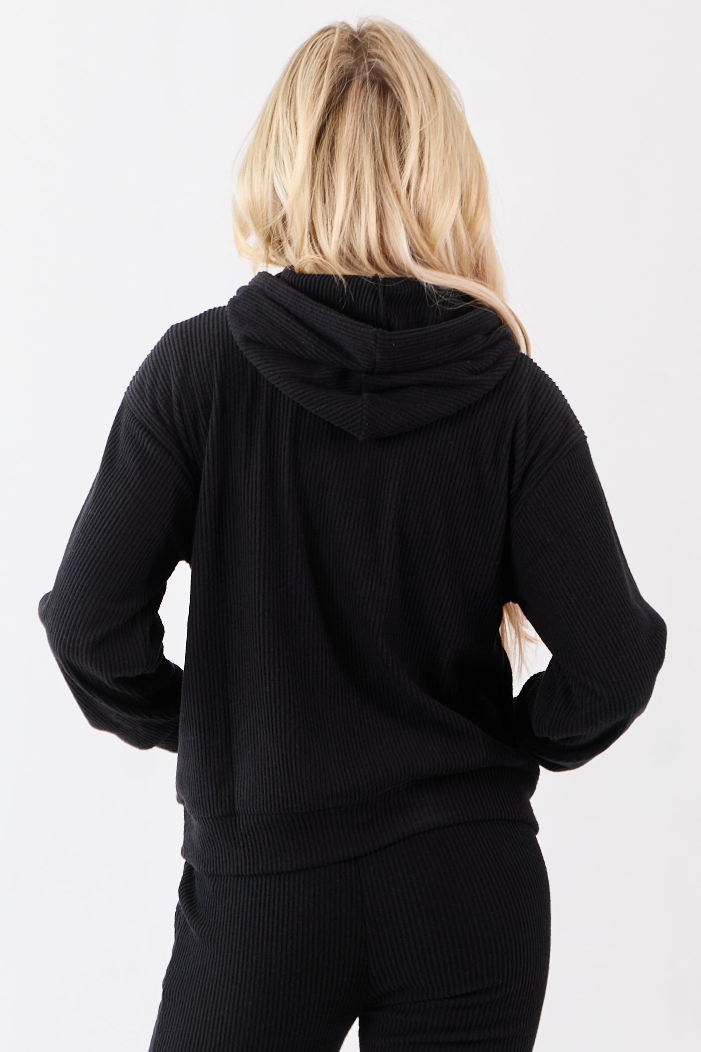 Black Rib Knit Drawstring Hooded Sweatshirt