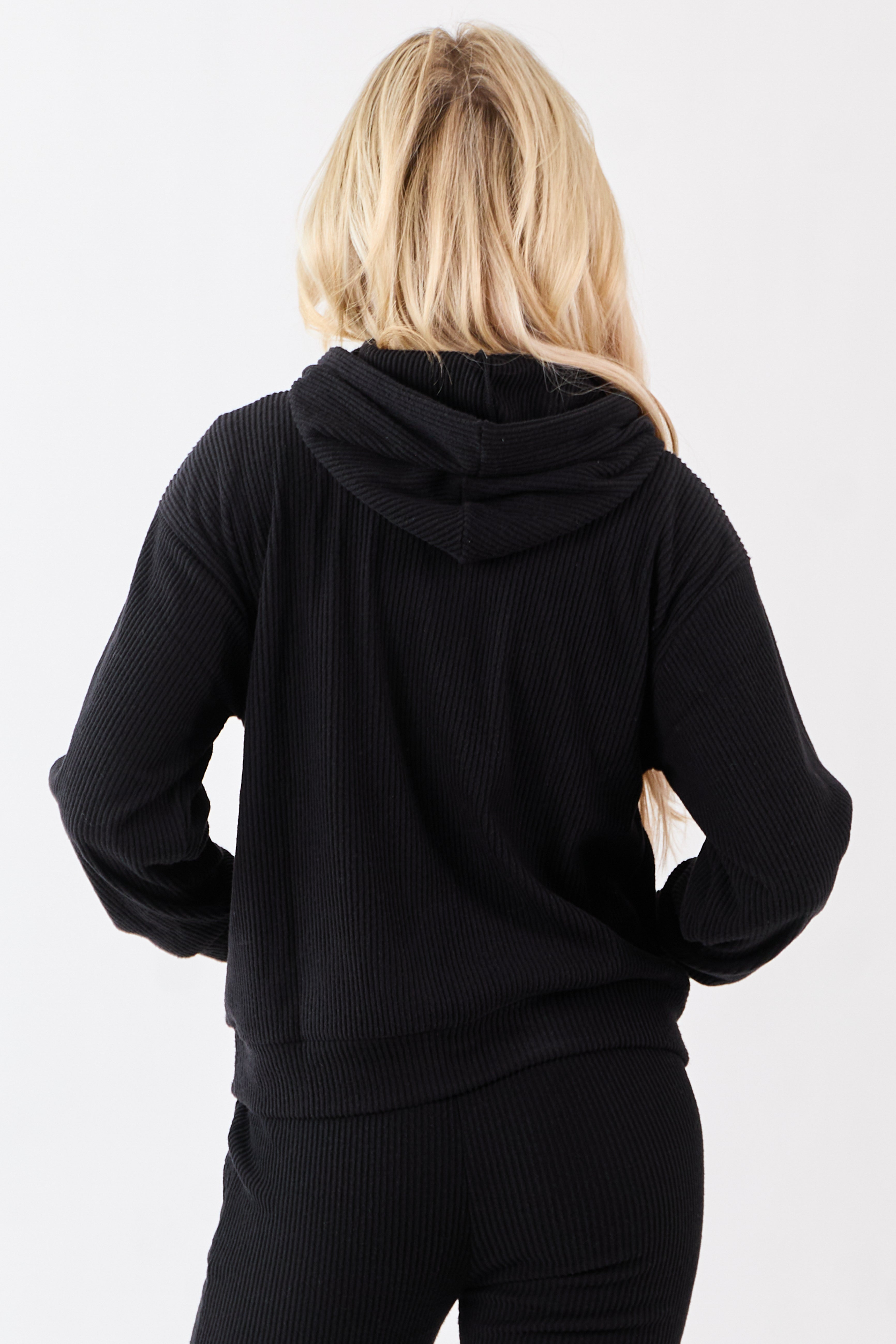 Black Rib Knit Drawstring Hooded Sweatshirt