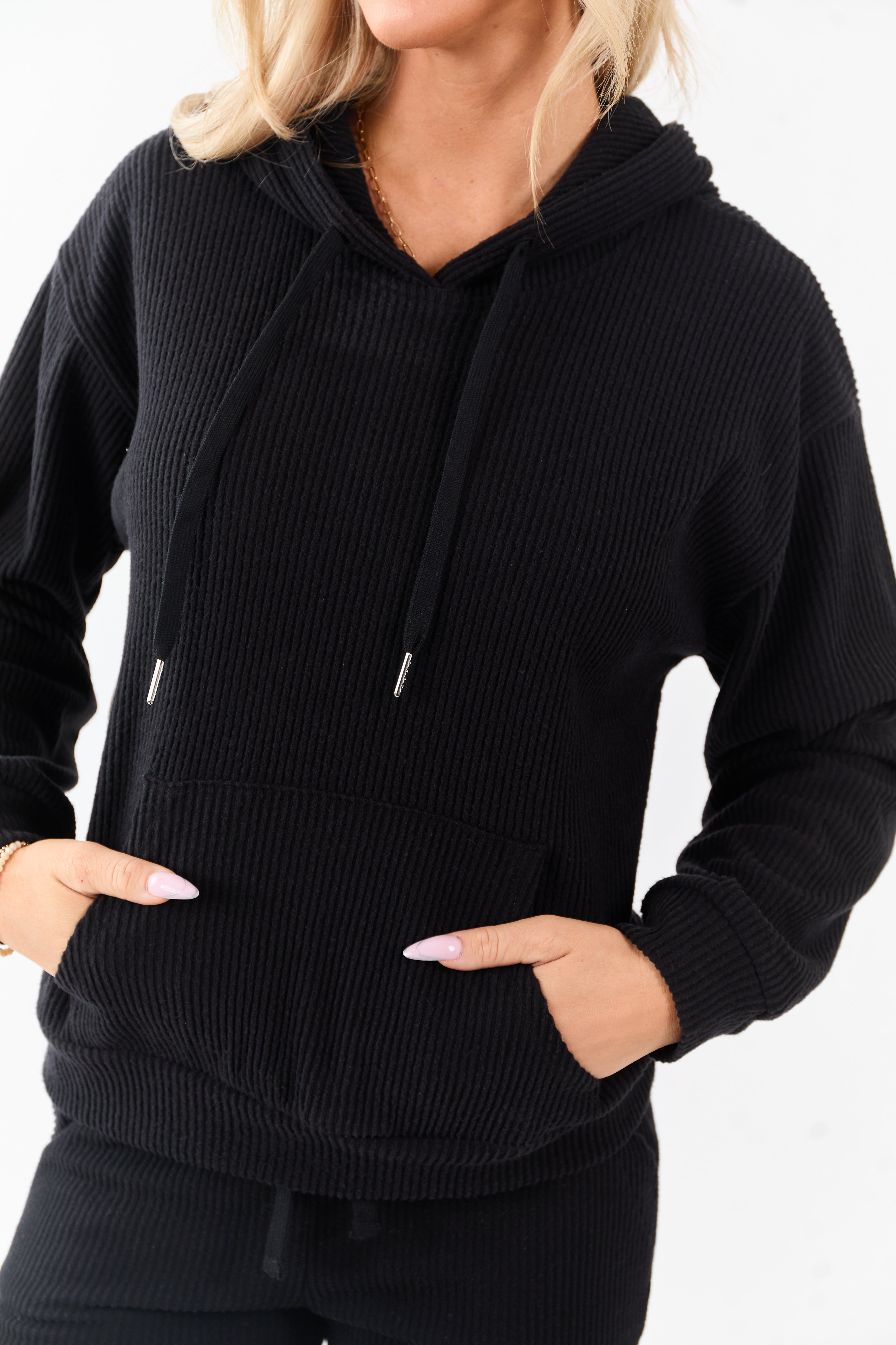 Black Rib Knit Drawstring Hooded Sweatshirt