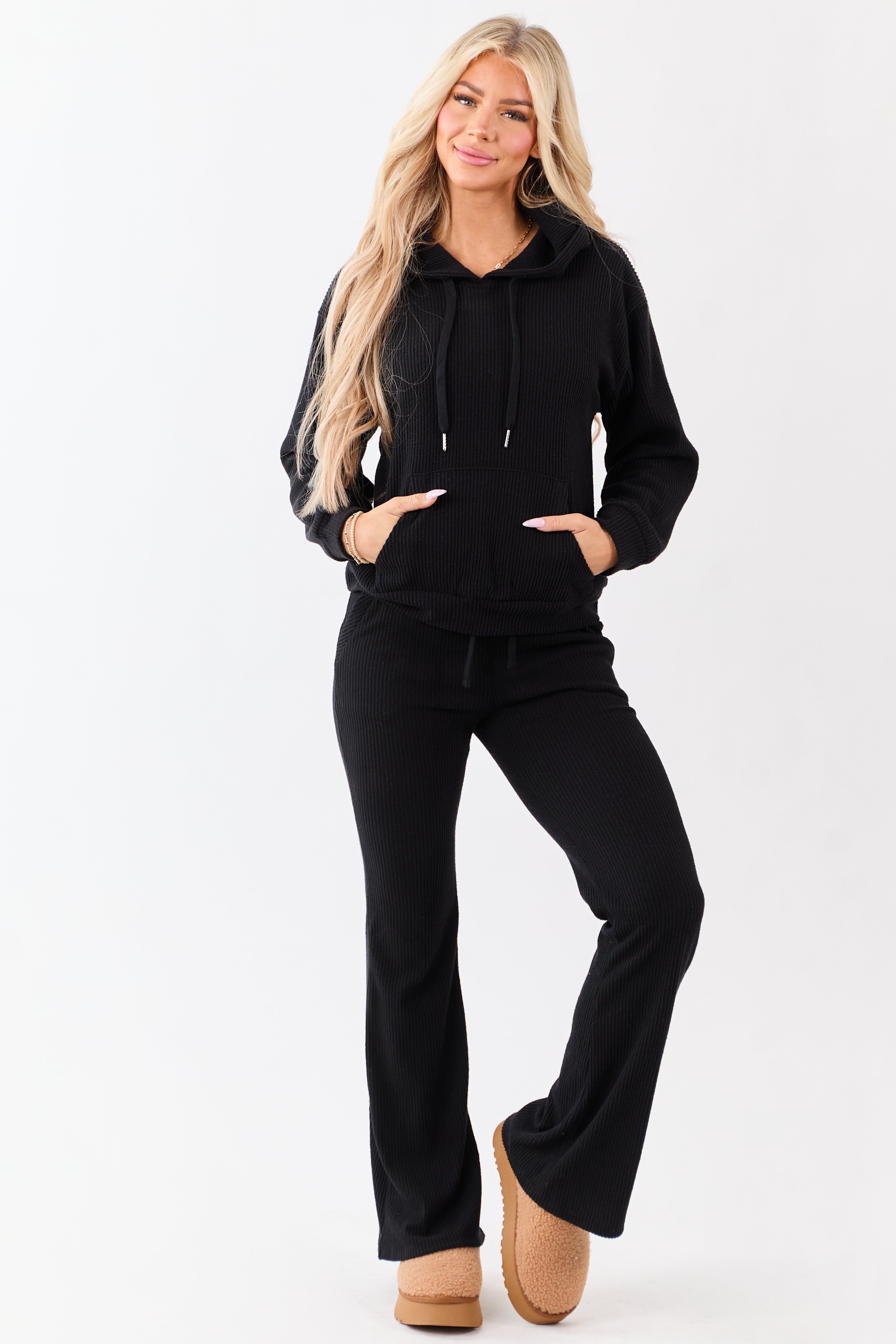 Black Rib Knit Drawstring Hooded Sweatshirt