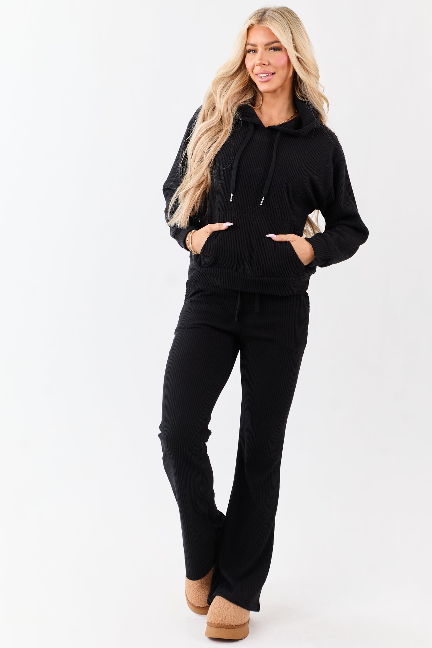 Black Rib Knit Drawstring Hooded Sweatshirt