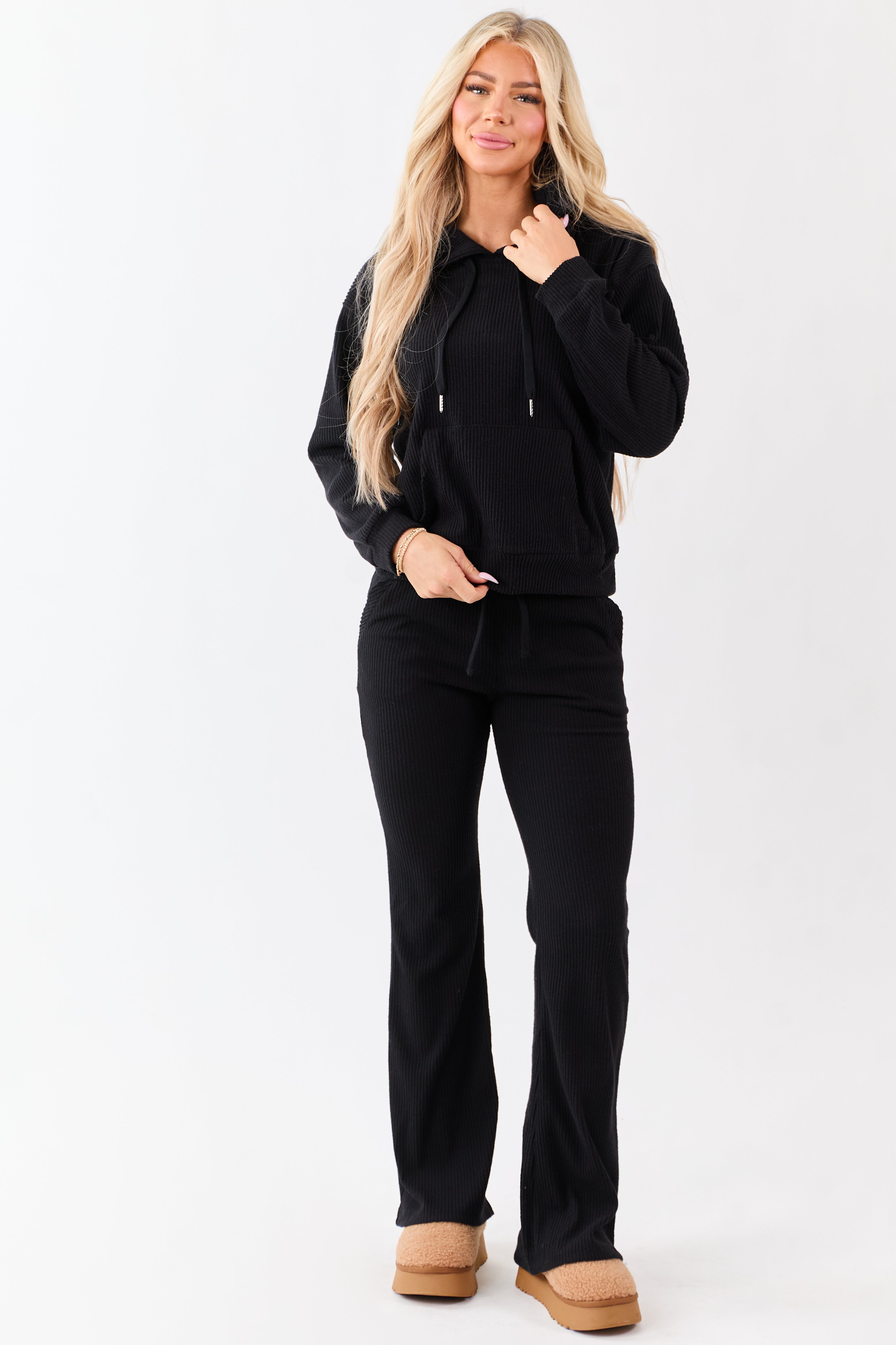 Black Rib Knit Drawstring Hooded Sweatshirt