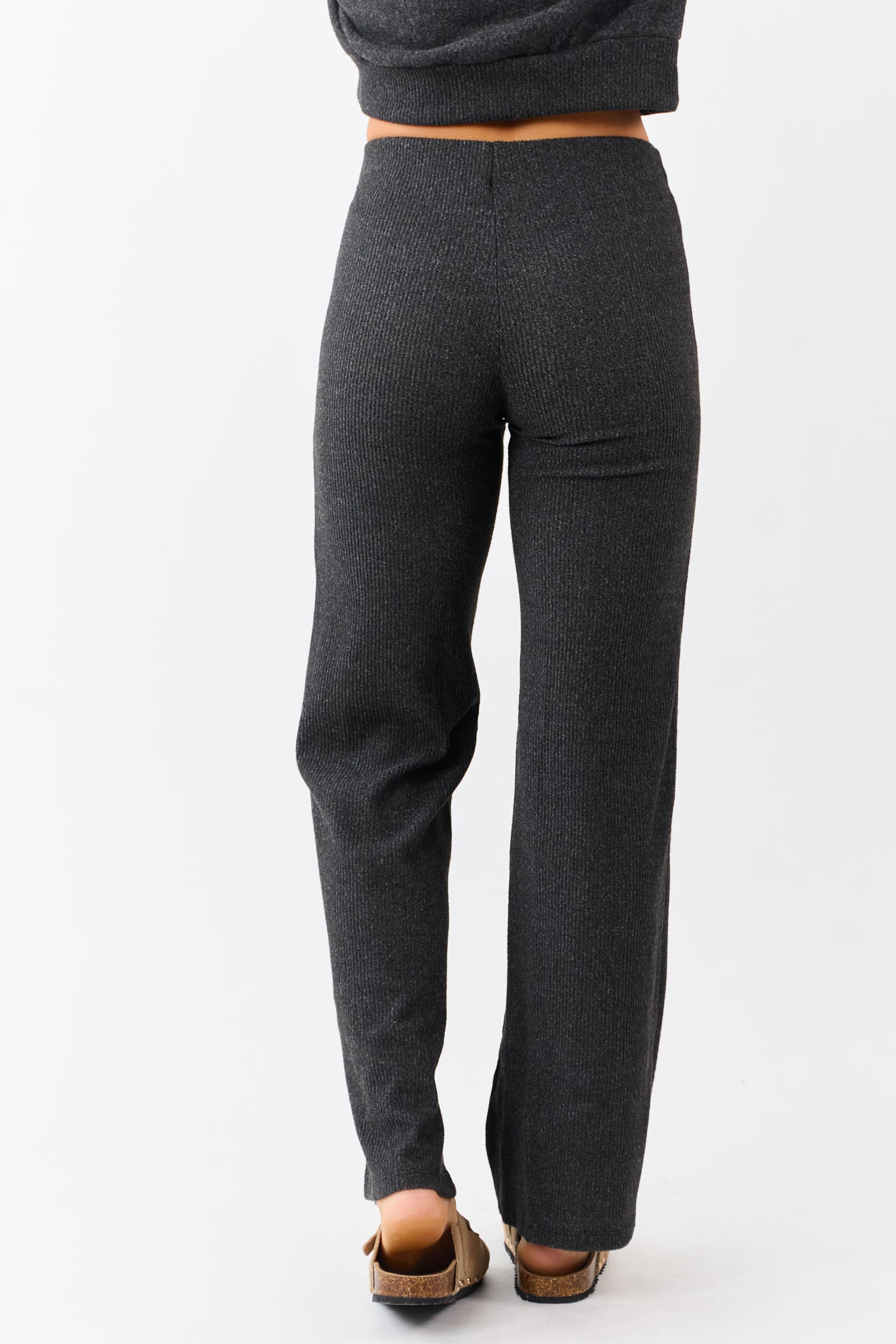 Charcoal Rib Knit Elastic Waist Wide Leg Pants