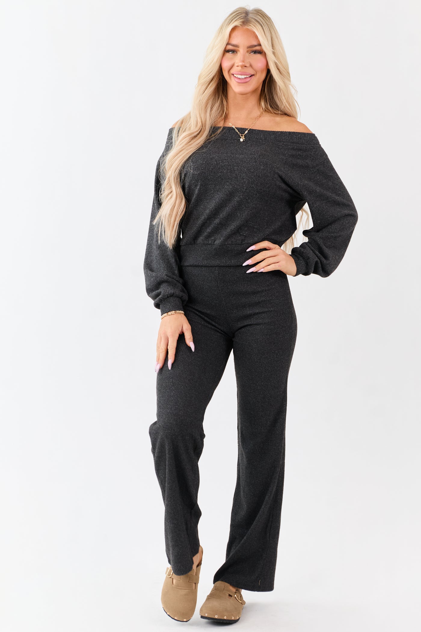 Charcoal Rib Knit Elastic Waist Wide Leg Pants