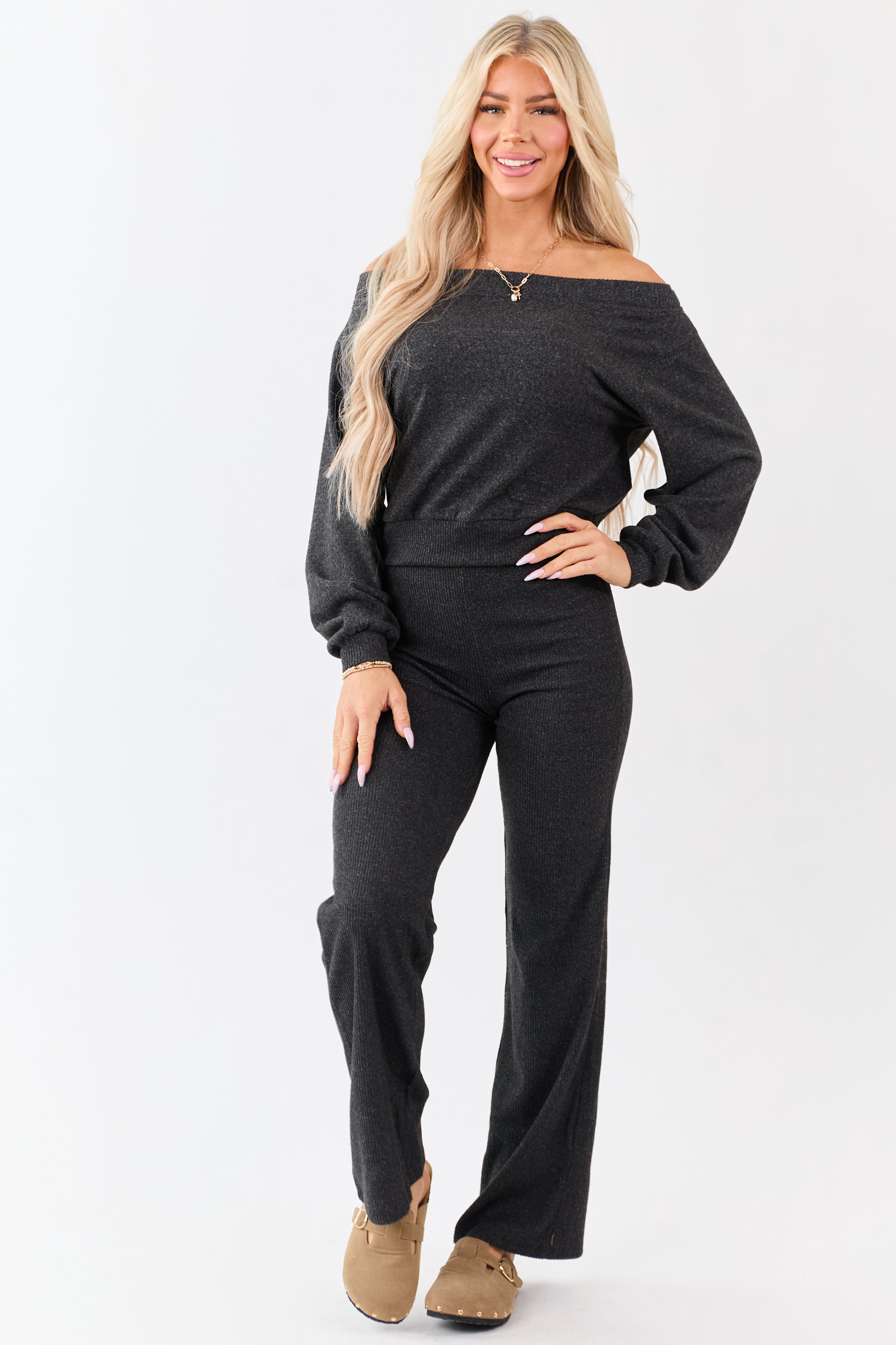 Charcoal Rib Knit Elastic Waist Wide Leg Pants