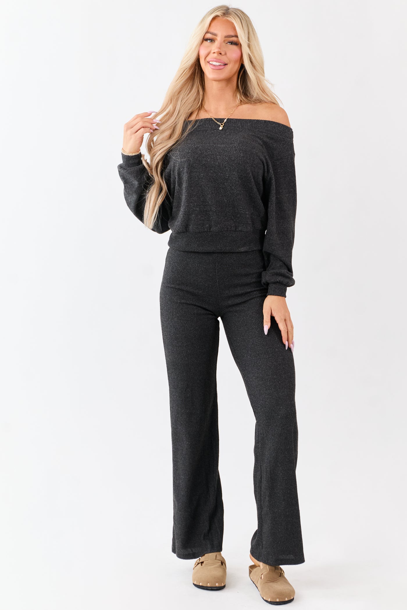 Charcoal Rib Knit Elastic Waist Wide Leg Pants