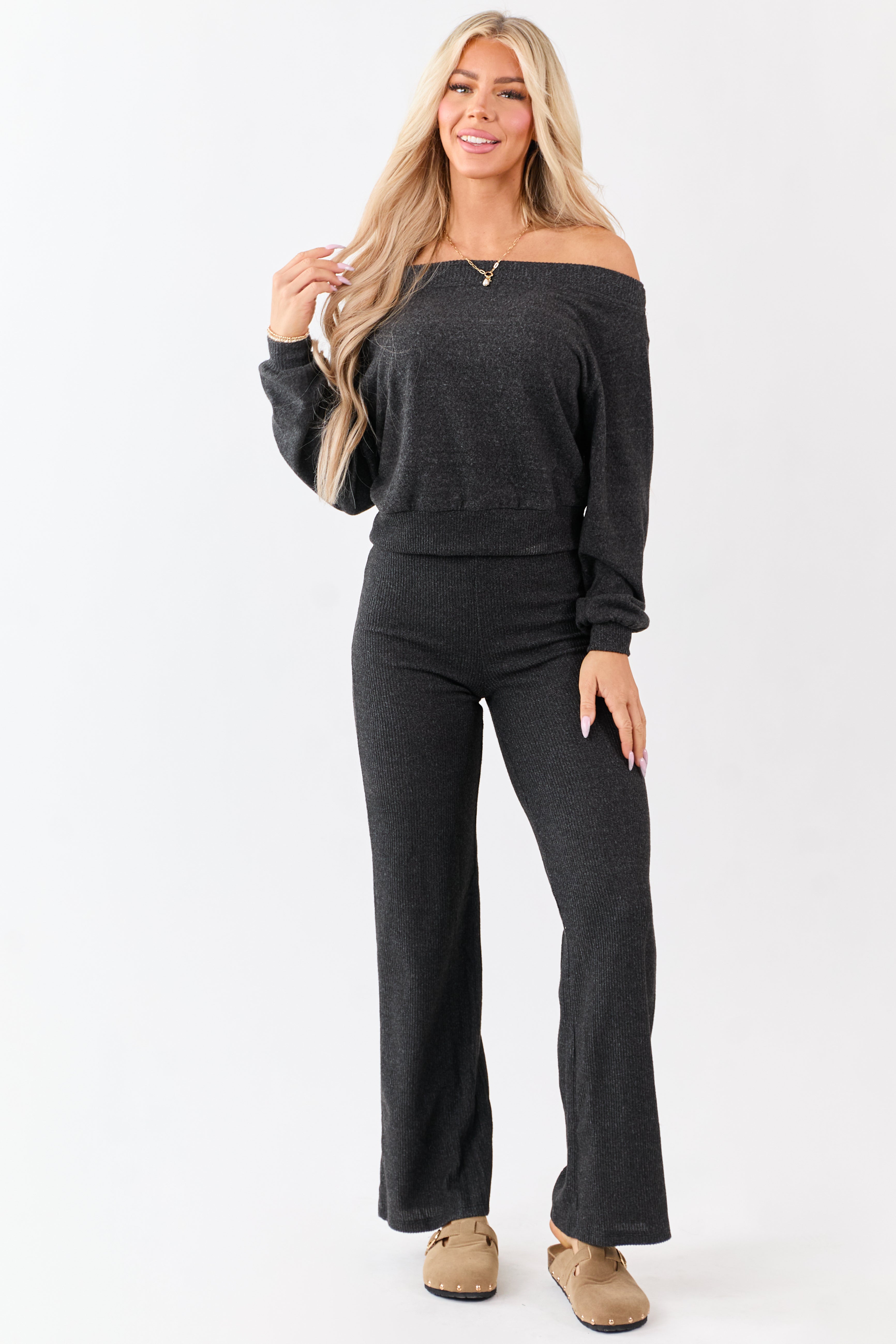 Charcoal Rib Knit Elastic Waist Wide Leg Pants