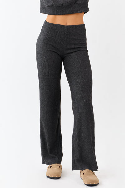 Charcoal Rib Knit Elastic Waist Wide Leg Pants